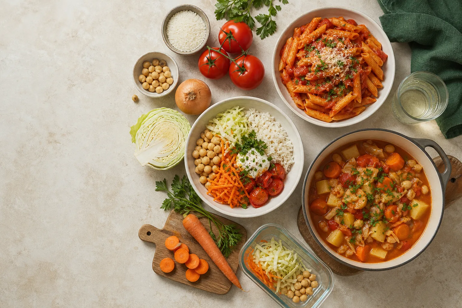 Kolm eelarvesõbralikku rooga – tomatine pasta, riisi-kikerhernekauss ja köögiviljahautis – ühiste koostisosadega laual.
